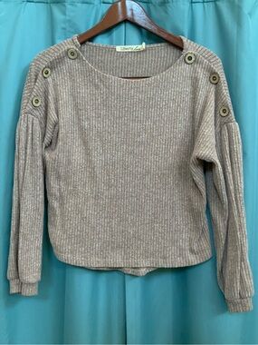 Liberty Love Taupe Ribbed Button-Shoulder Pullover